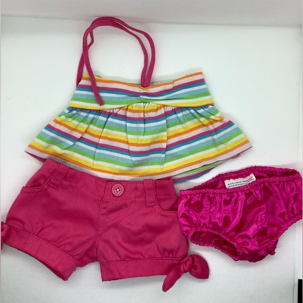 Build-A-Bear Rainbow Halter Shirt Pink Shorts and Undies 3pce Clothing Set